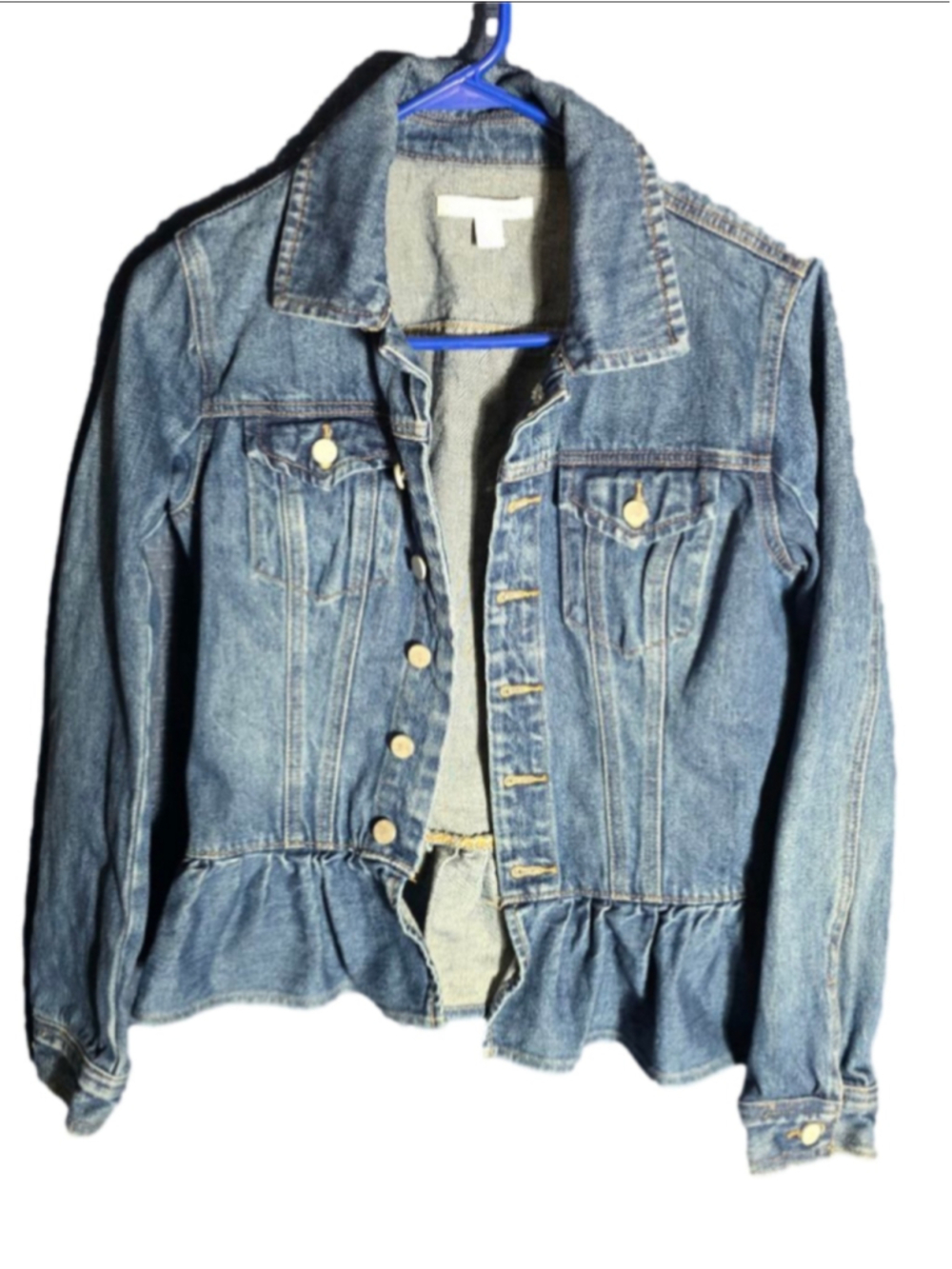 Women's Chelsea & Violet Blue Denim Ruffle Hem Jean Jacket S y2k 90's rock - Picture 1 of 7